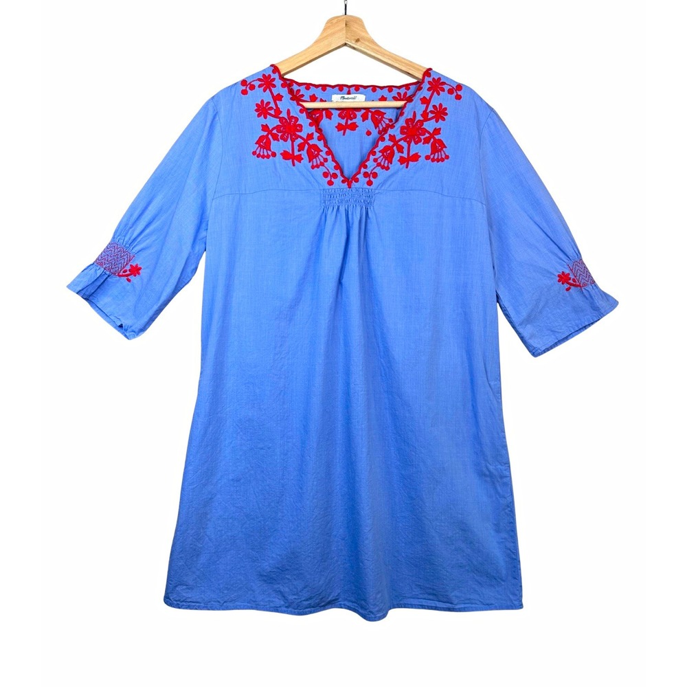 Madewell Womens Embroidered Breeze Dress Blue Red Boho Peasant Pockets Large